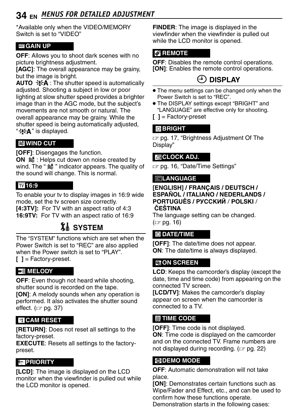 Pg. 34), Pg. 34, Is set to “on | Menus for detailed adjustment, System, Display | JVC GR-D390EK User Manual | Page 34 / 56