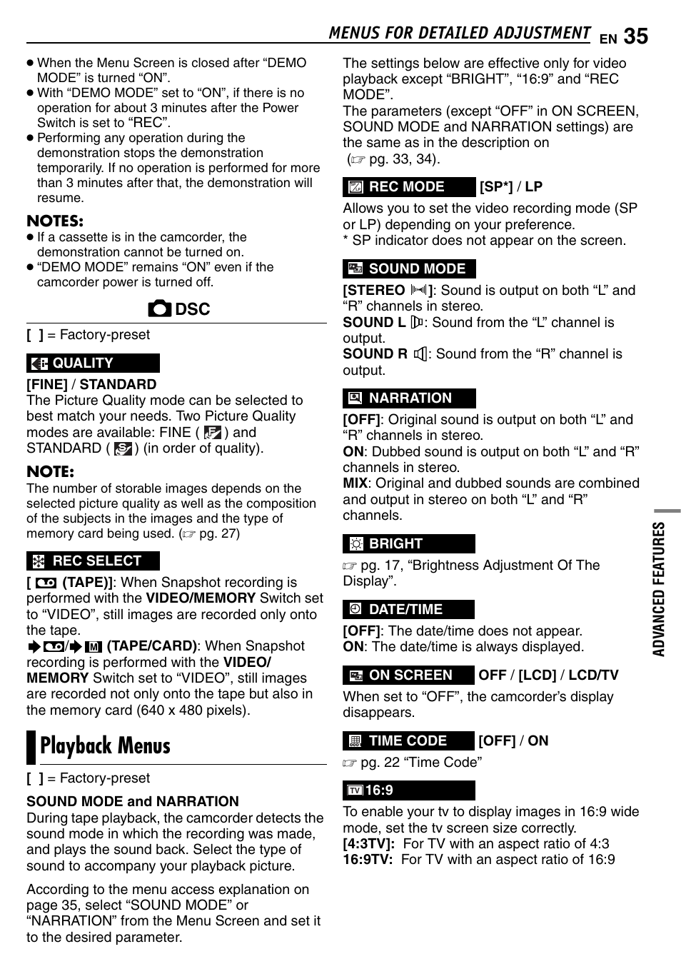 Playback menus, Pg. 35), Time | Menus for detailed adjustment | JVC GR-D390EK User Manual | Page 35 / 56