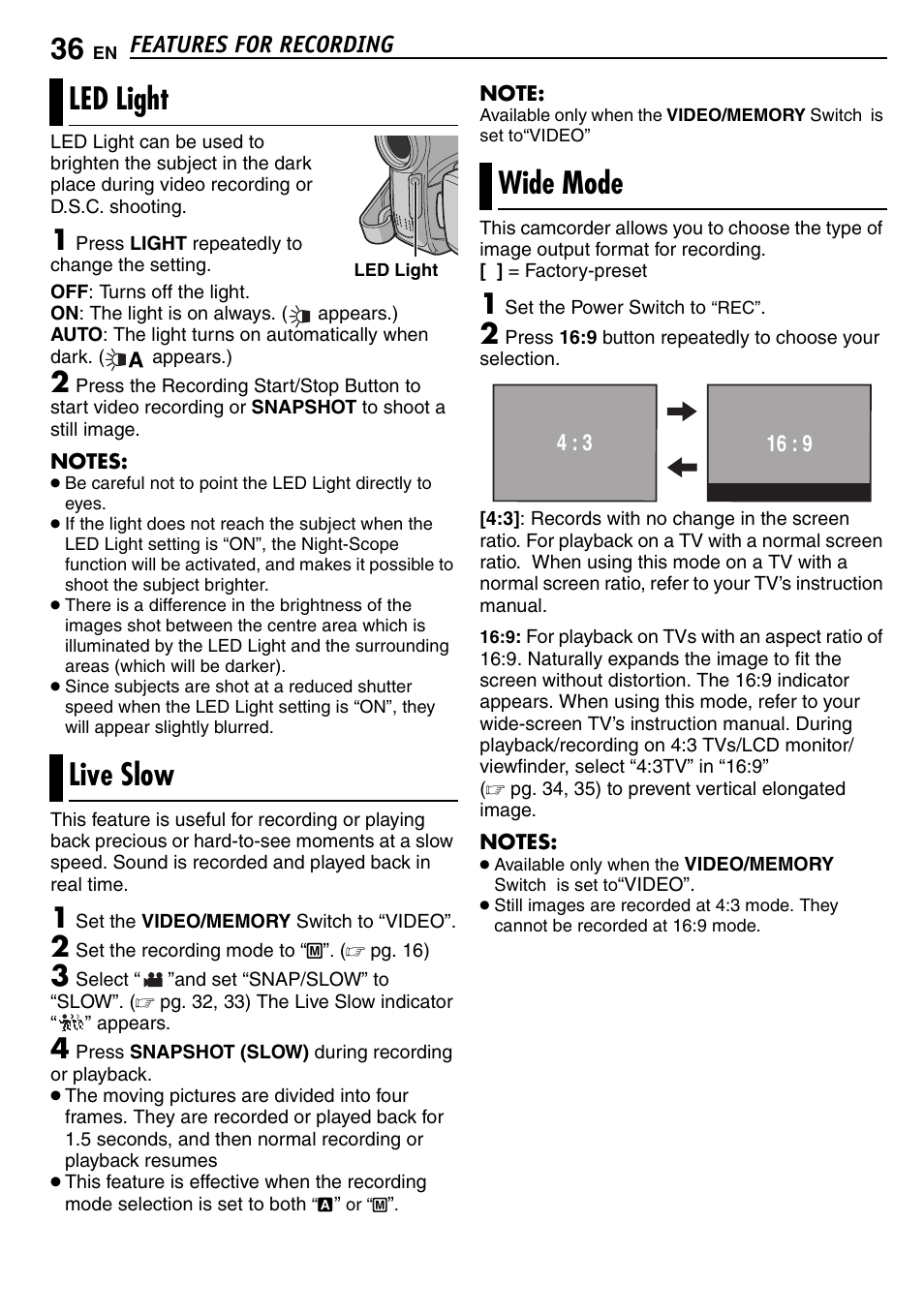 Features for recording, Led light, Live slow | Wide mode, Light, Pg. 36), 36 live slow, 36 wide mode, Pg. 36, 37, Led light live slow | JVC GR-D390EK User Manual | Page 36 / 56