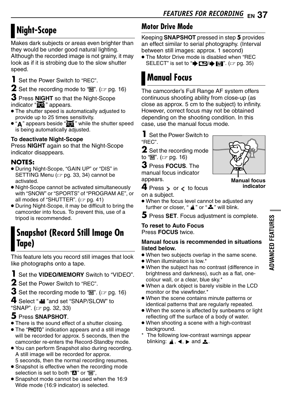 Night-scope, Snapshot (record still image on tape), Motor drive mode | Manual focus, 37 snapshot (record still image on tape), 37 manual focus, Focus, Pg. 37), Ight, Features for recording | JVC GR-D390EK User Manual | Page 37 / 56