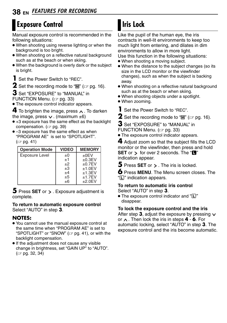 Exposure control, Iris lock, 38 iris lock | Pg. 38), Features for recording | JVC GR-D390EK User Manual | Page 38 / 56