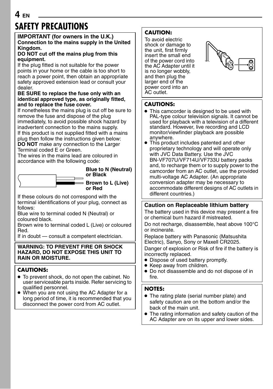 Safety precautions | JVC GR-D390EK User Manual | Page 4 / 56