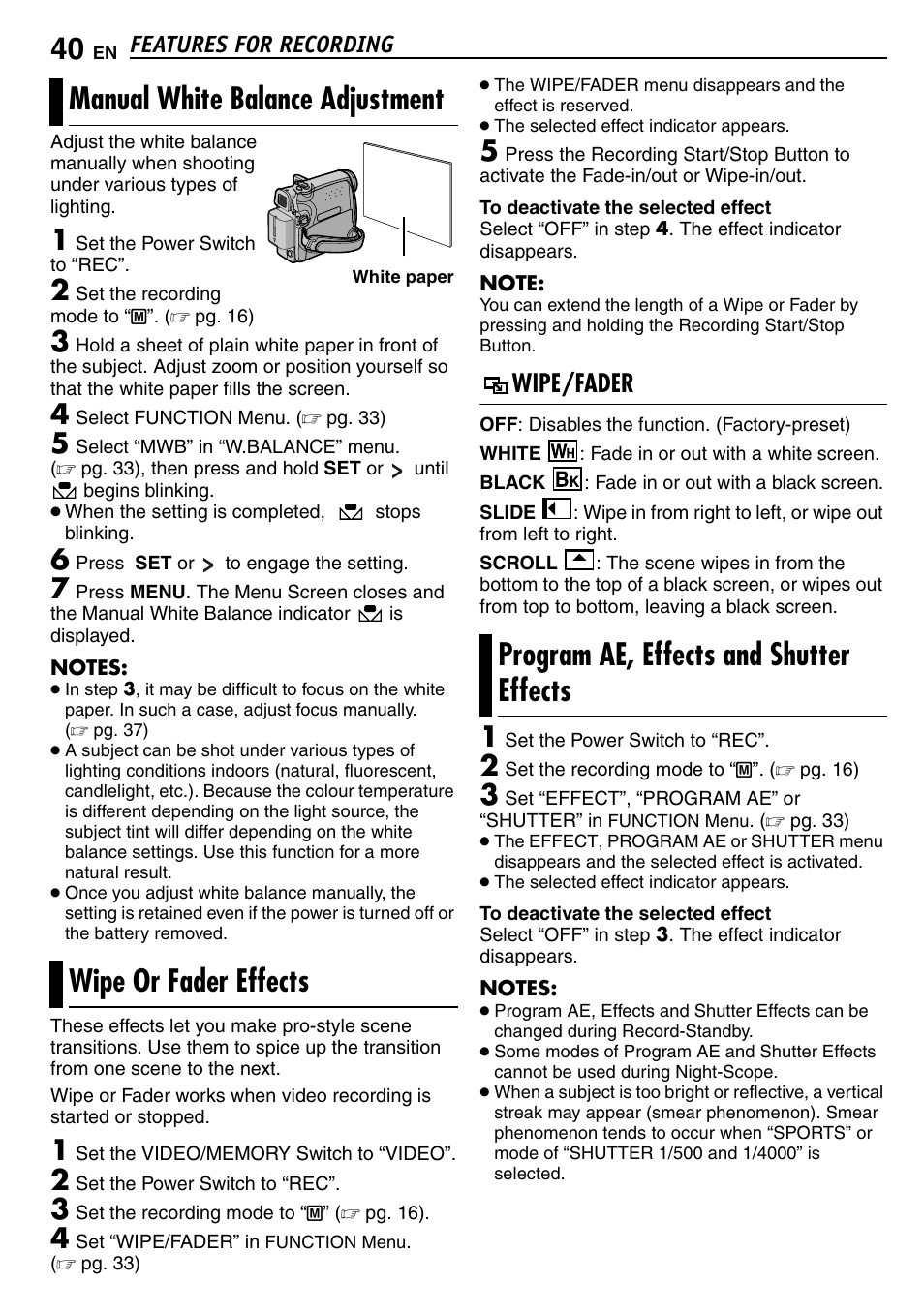 Manual white balance adjustment, Wipe or fader effects, Wipe/fader | Program ae, effects and shutter effects, Pg. 40), 40 wipe or fader effects, 40 program ae, effects and shutter effects, Pg. 40)) | JVC GR-D390EK User Manual | Page 40 / 56