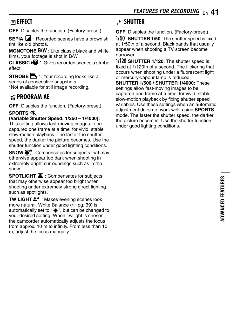 Effect, Program ae, Shutter | Pg. 41), Pg. 41), or with, Features for recording | JVC GR-D390EK User Manual | Page 41 / 56