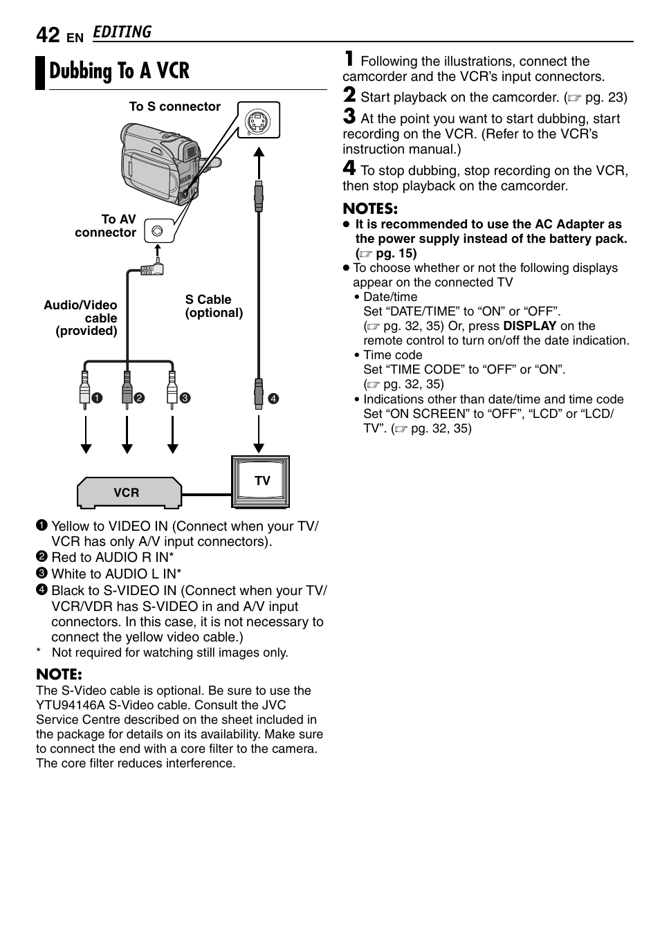 Editing, Dubbing to a vcr | JVC GR-D390EK User Manual | Page 42 / 56