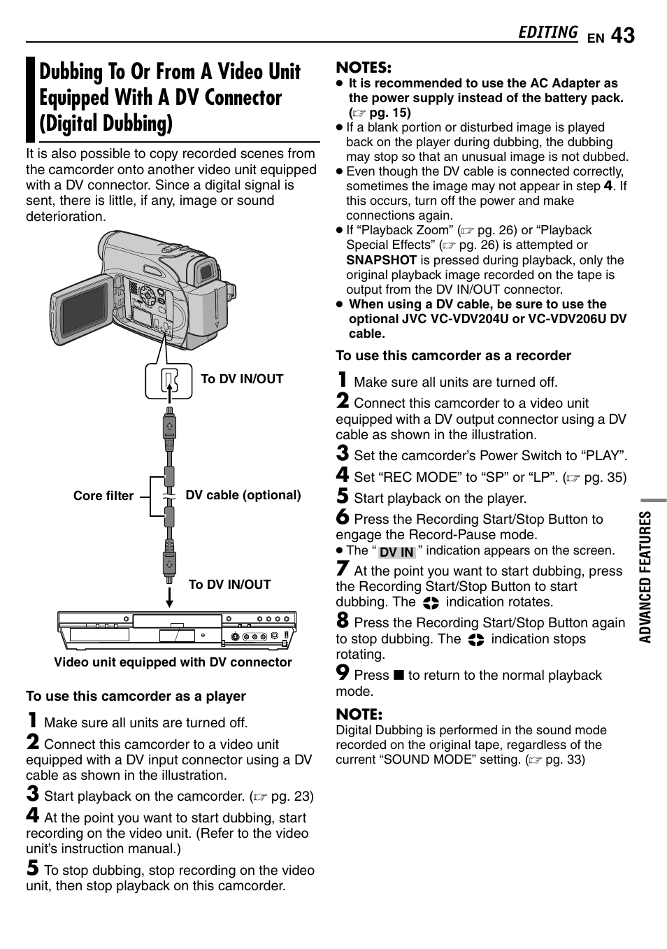 Dubbing to or from a video unit equipped with, A dv connector (digital dubbing) | JVC GR-D390EK User Manual | Page 43 / 56