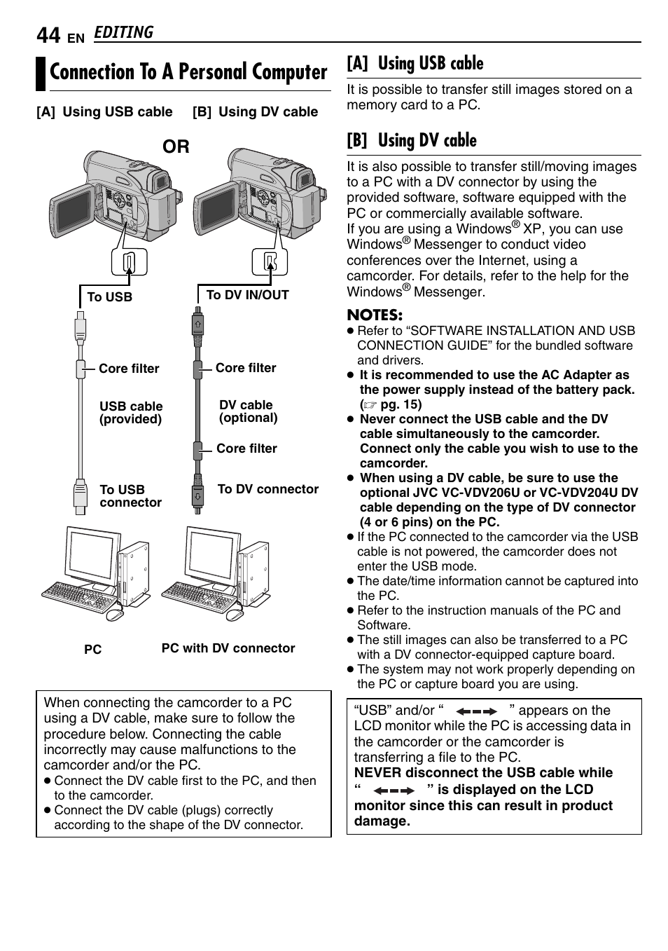 Connection to a personal computer, Pg. 44), A] using usb cable | B] using dv cable, Editing | JVC GR-D390EK User Manual | Page 44 / 56