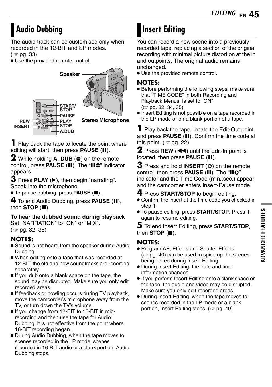 Audio dubbing, Insert editing, 45 insert editing | Pg. 45), Editing | JVC GR-D390EK User Manual | Page 45 / 56