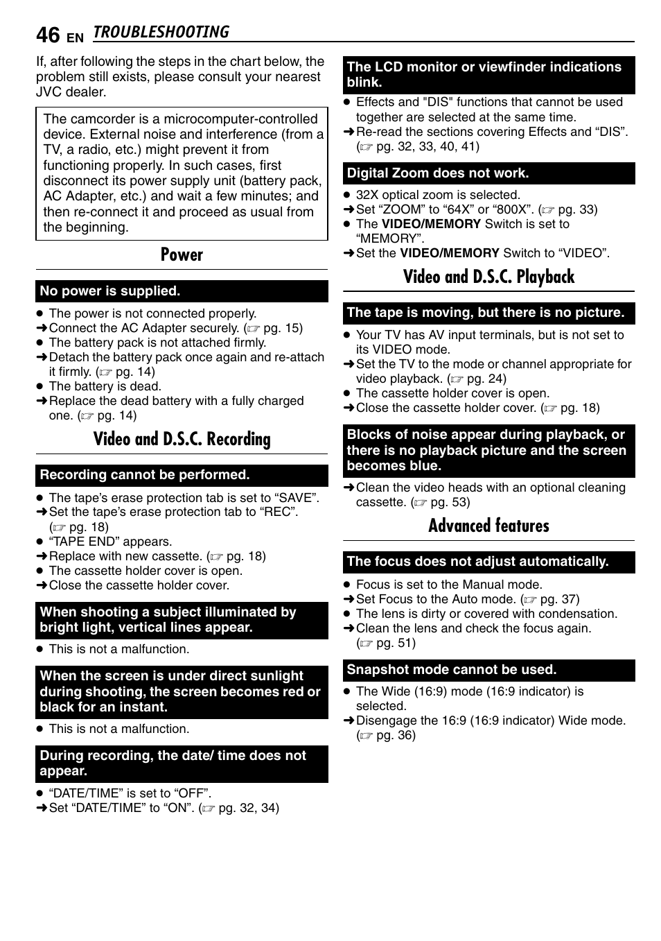 Troubleshooting, References, Power | Video and d.s.c. recording, Video and d.s.c. playback, Advanced features | JVC GR-D390EK User Manual | Page 46 / 56