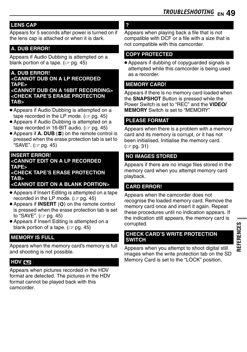 Pg. 49), Troubleshooting | JVC GR-D390EK User Manual | Page 49 / 56