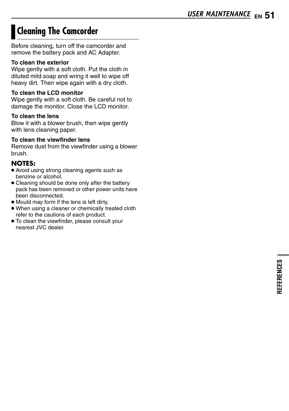 User maintenance, Cleaning the camcorder, Pg. 51) | JVC GR-D390EK User Manual | Page 51 / 56