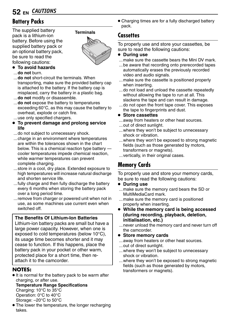 Cautions, Battery packs, Cassettes | Memory cards, Pg. 52) | JVC GR-D390EK User Manual | Page 52 / 56