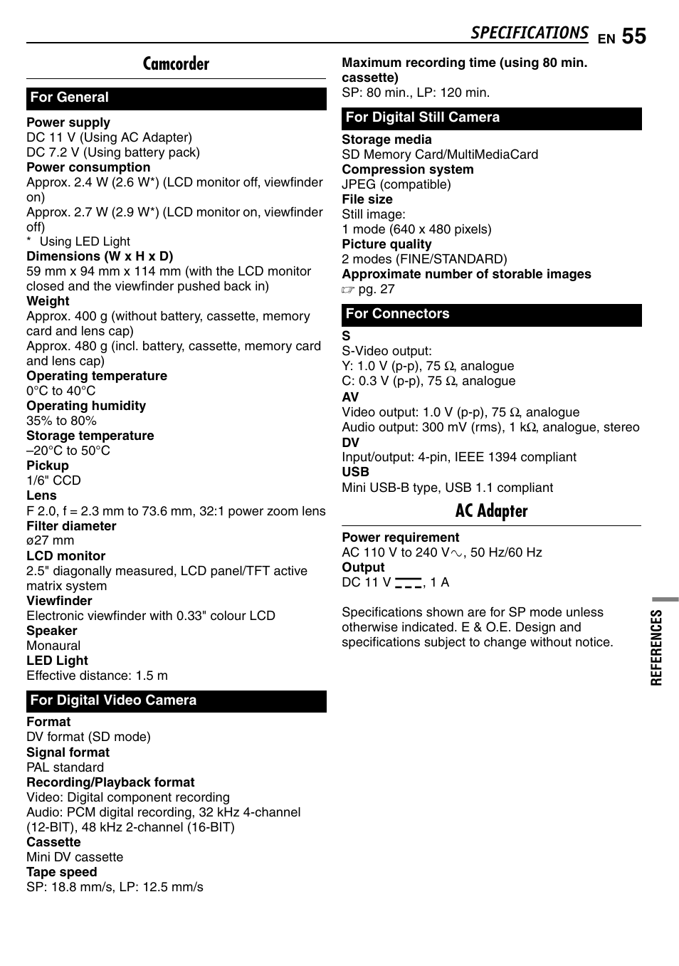 Specifications, Camcorder, Ac adapter | Specifications camcorder | JVC GR-D390EK User Manual | Page 55 / 56