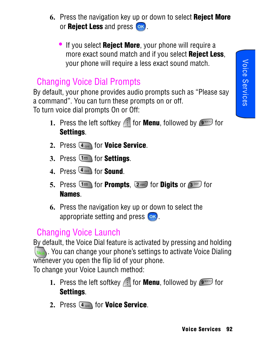 Changing voice dial prompts, Changing voice launch | Samsung SPH A740 User Manual | Page 101 / 150