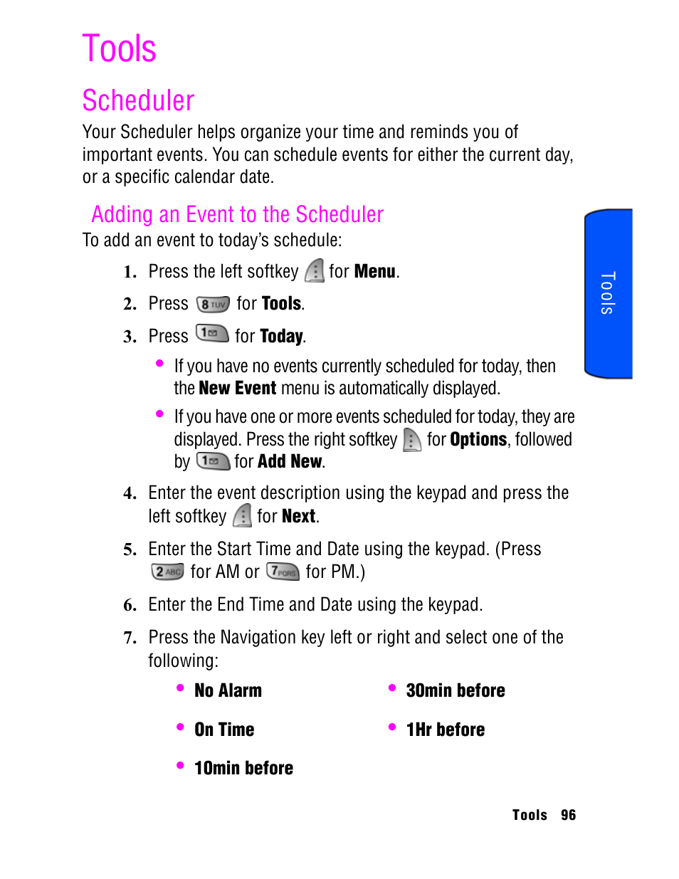 Tools, Scheduler, Adding an event to the scheduler | Samsung SPH A740 User Manual | Page 105 / 150