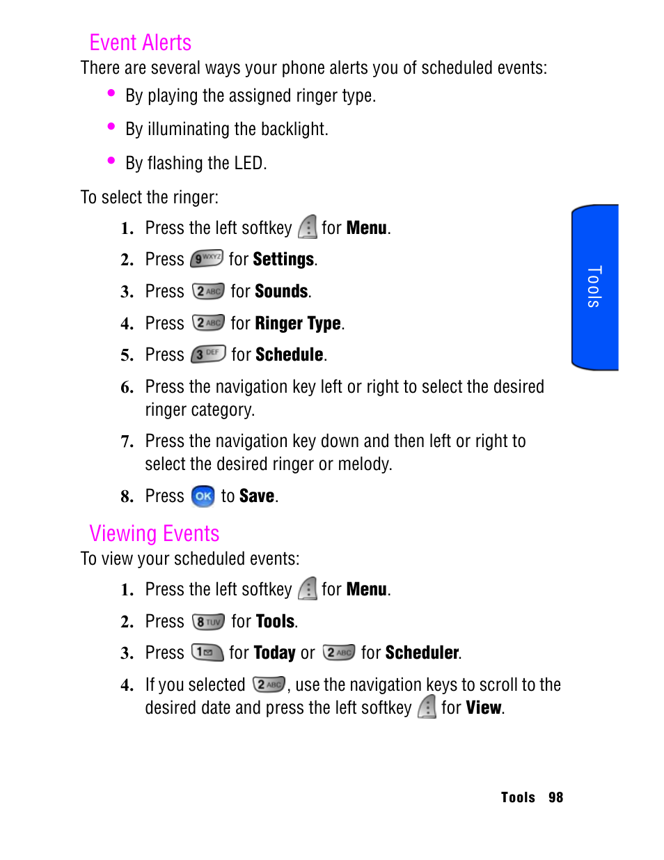 Event alerts, Viewing events | Samsung SPH A740 User Manual | Page 107 / 150