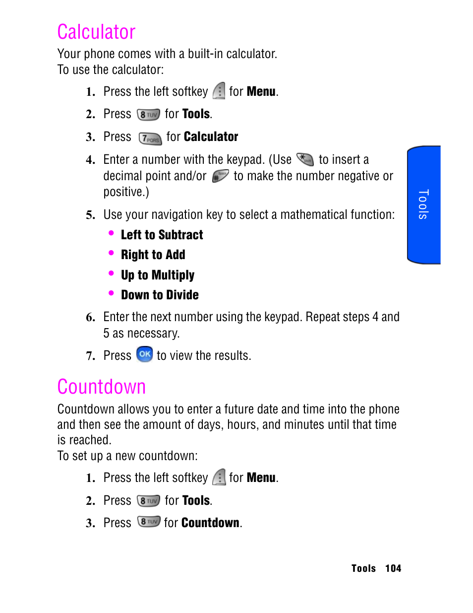 Calculator, Countdown | Samsung SPH A740 User Manual | Page 113 / 150
