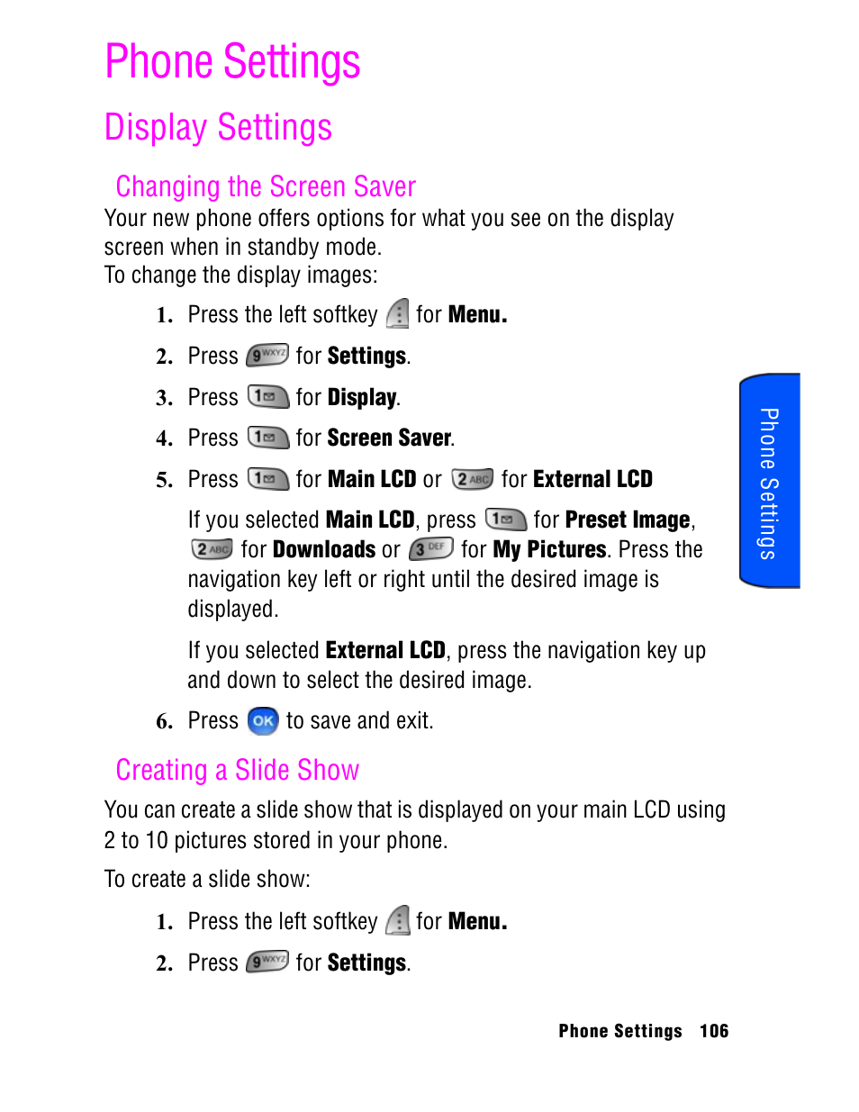 Phone settings, Display settings, Changing the screen saver | Creating a slide show | Samsung SPH A740 User Manual | Page 115 / 150