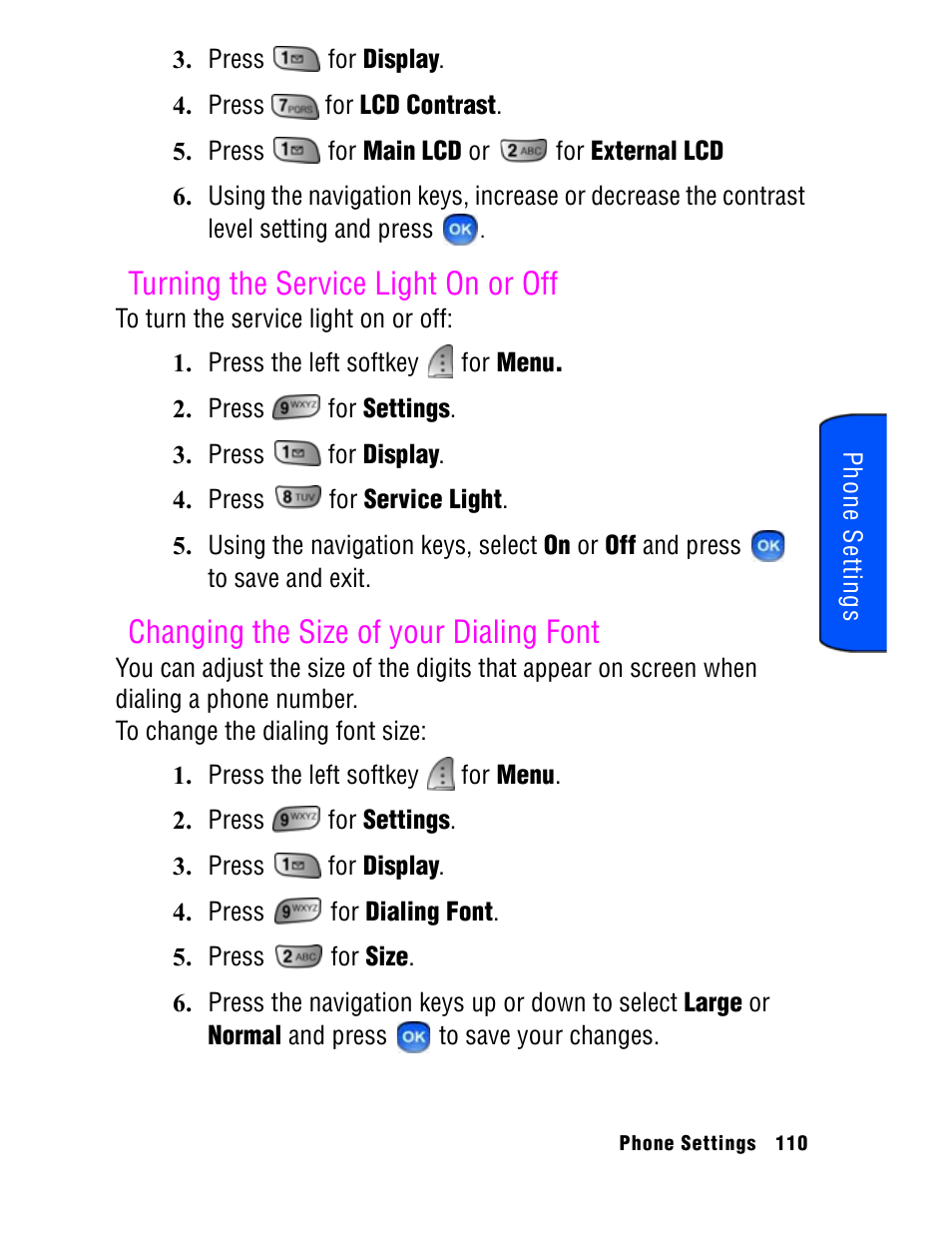 Turning the service light on or off, Changing the size of your dialing font | Samsung SPH A740 User Manual | Page 119 / 150