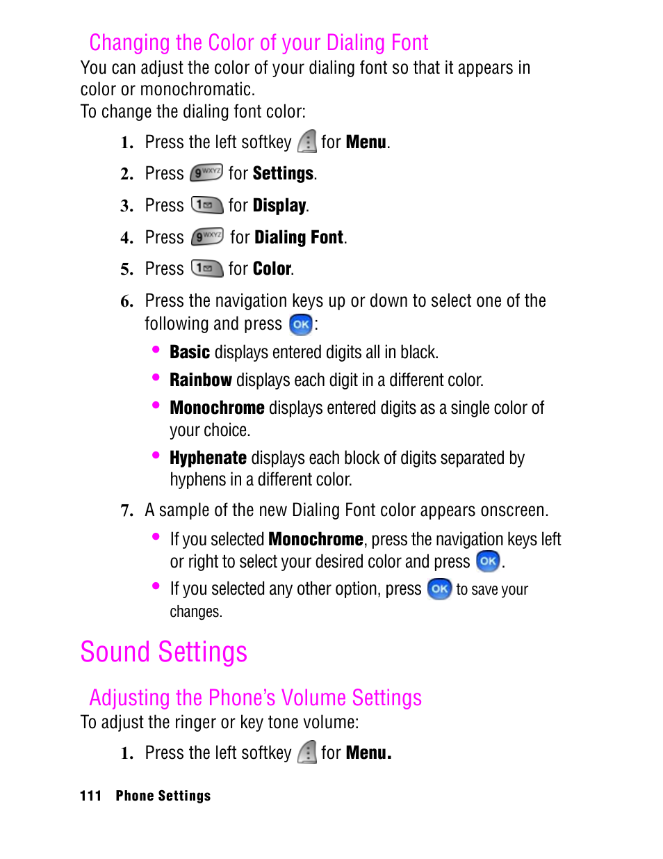 Sound settings, Changing the color of your dialing font, Adjusting the phone’s volume settings | Samsung SPH A740 User Manual | Page 120 / 150