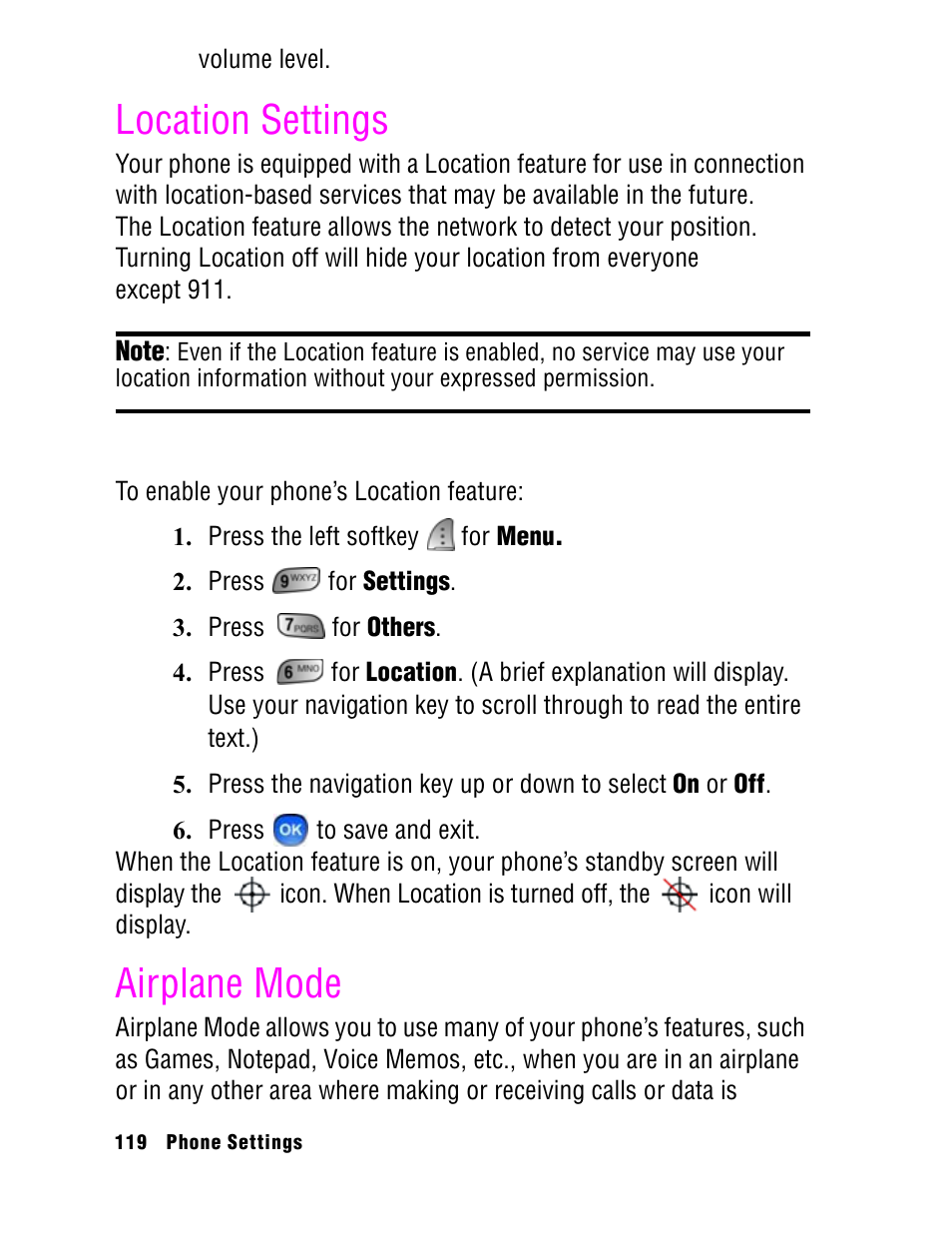 Location settings, Airplane mode | Samsung SPH A740 User Manual | Page 128 / 150