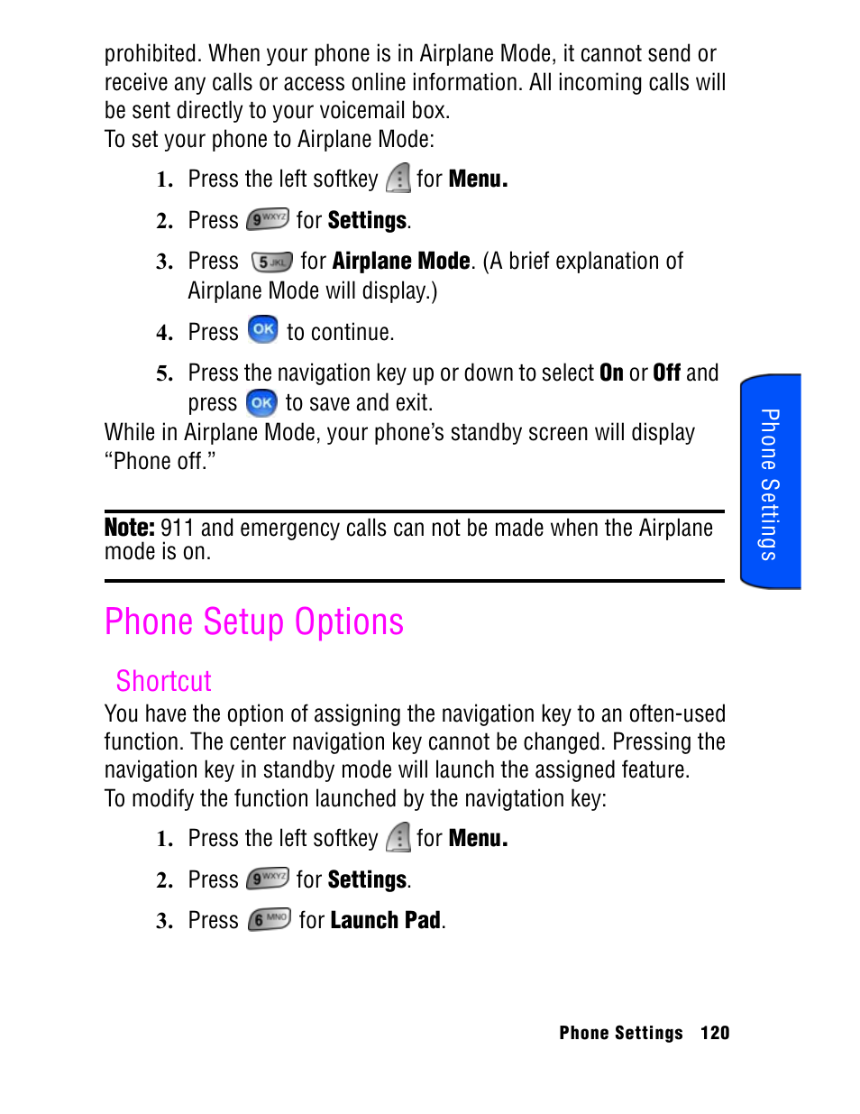Phone setup options, Shortcut | Samsung SPH A740 User Manual | Page 129 / 150