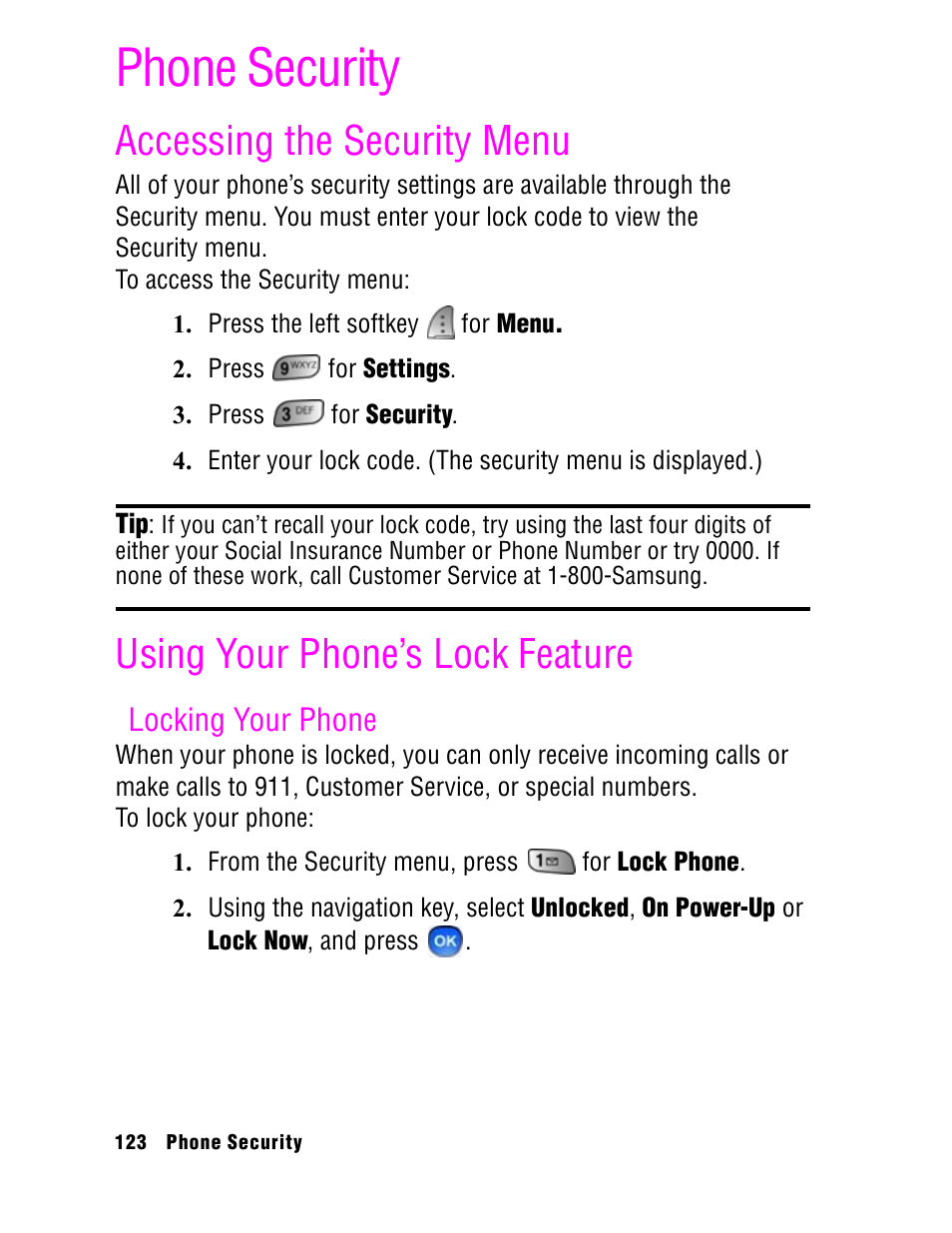 Phone security, Accessing the security menu, Using your phone’s lock feature | Locking your phone | Samsung SPH A740 User Manual | Page 132 / 150