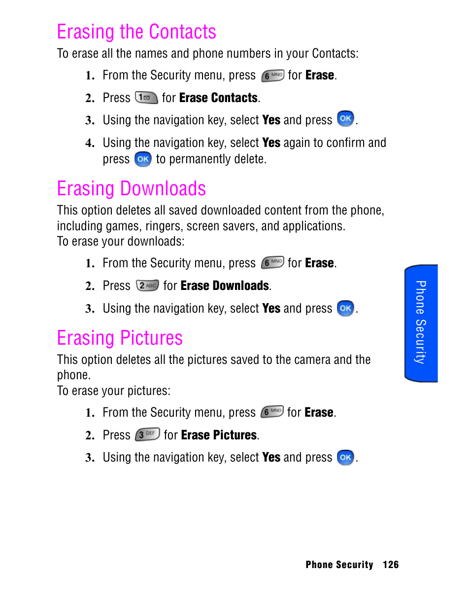 Erasing the contacts, Erasing downloads, Erasing pictures | Samsung SPH A740 User Manual | Page 135 / 150