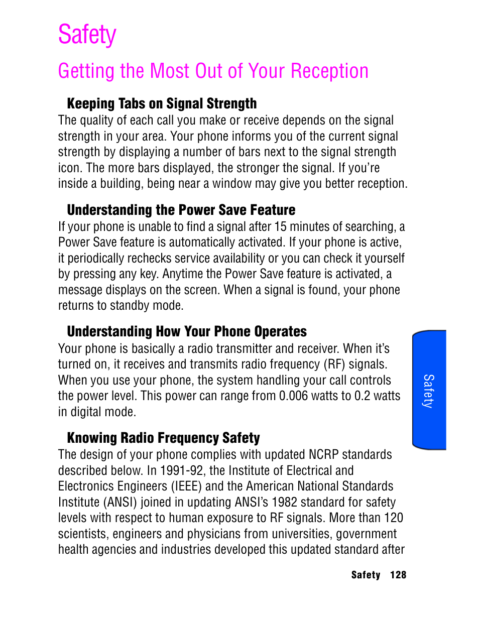 Safety, Getting the most out of your reception | Samsung SPH A740 User Manual | Page 137 / 150