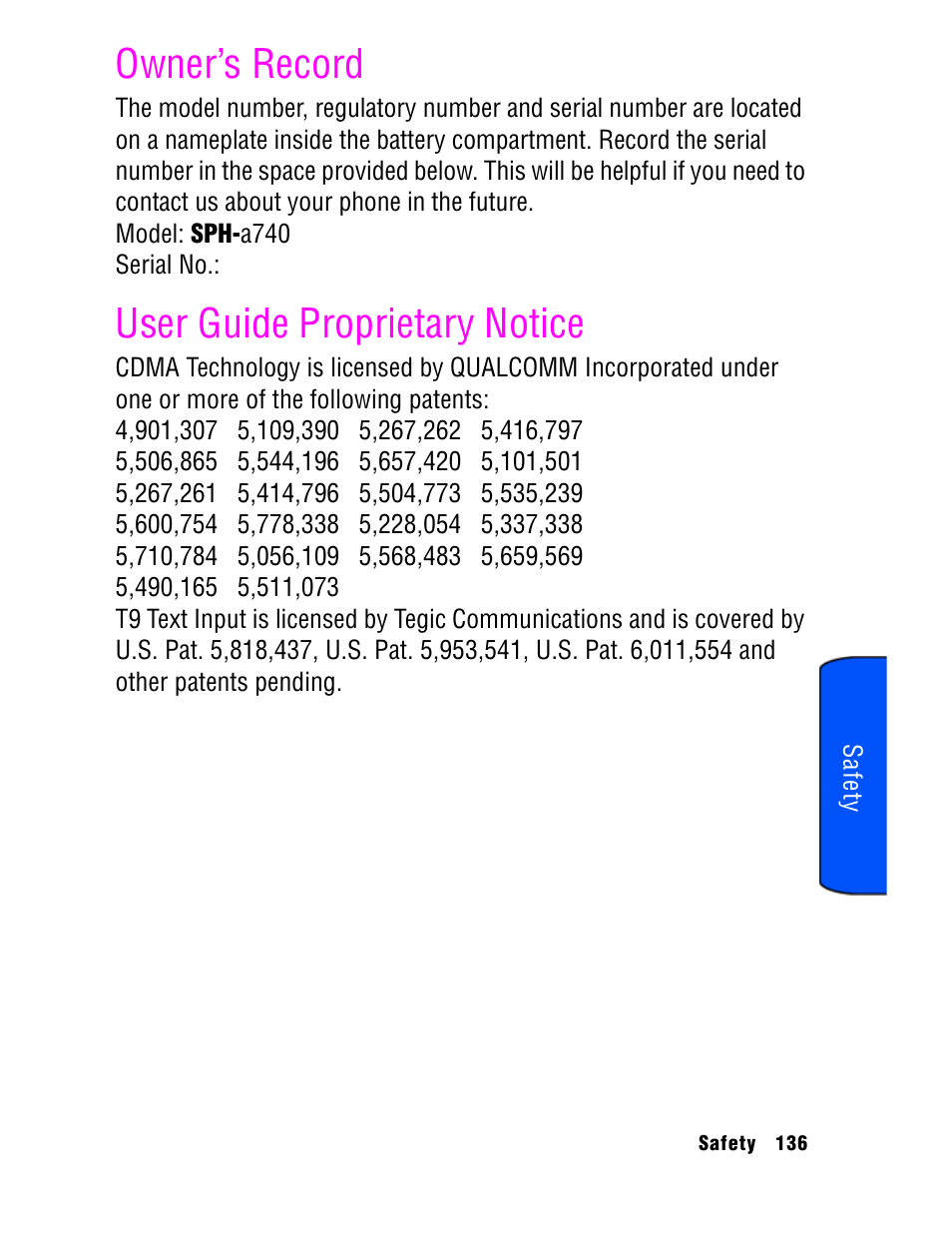 Owner’s record, User guide proprietary notice | Samsung SPH A740 User Manual | Page 145 / 150