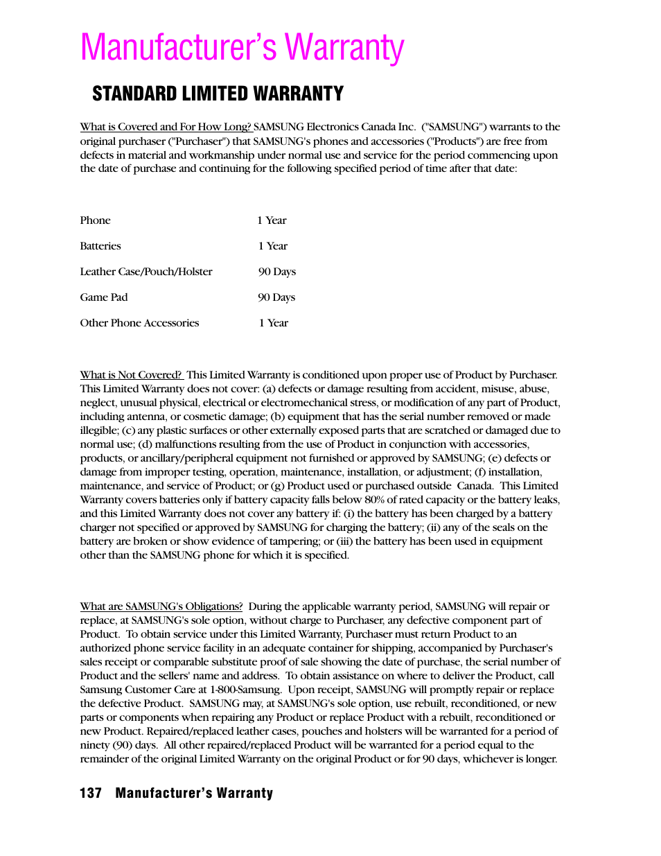 Manufacturer’s warranty, Standard limited warranty | Samsung SPH A740 User Manual | Page 146 / 150
