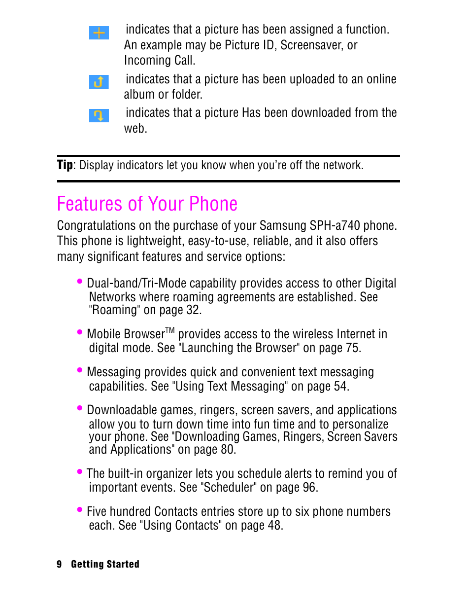 Features of your phone | Samsung SPH A740 User Manual | Page 18 / 150