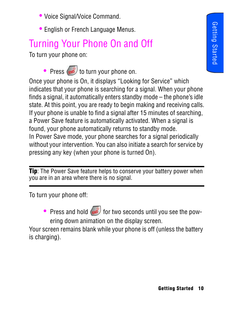 Turning your phone on and off | Samsung SPH A740 User Manual | Page 19 / 150