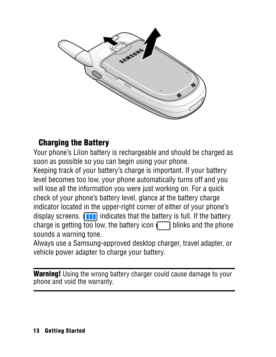 Charging the battery | Samsung SPH A740 User Manual | Page 22 / 150