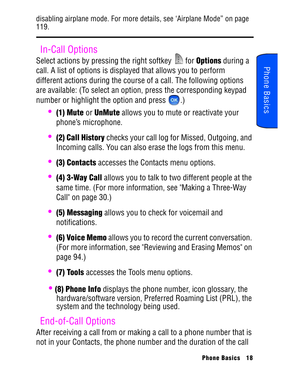 In-call options, End-of-call options | Samsung SPH A740 User Manual | Page 27 / 150