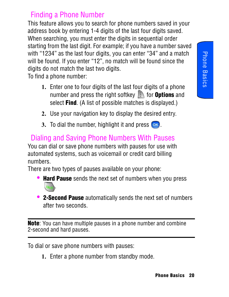 Finding a phone number, Dialing and saving phone numbers with pauses | Samsung SPH A740 User Manual | Page 29 / 150
