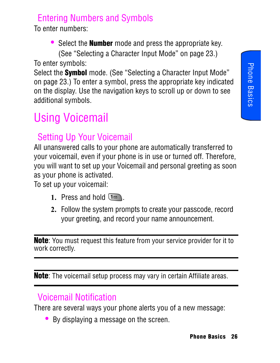 Using voicemail, Entering numbers and symbols, Setting up your voicemail | Voicemail notification | Samsung SPH A740 User Manual | Page 35 / 150