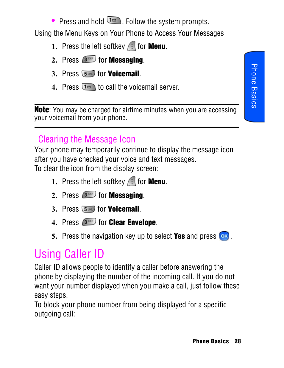 Using caller id, Clearing the message icon | Samsung SPH A740 User Manual | Page 37 / 150