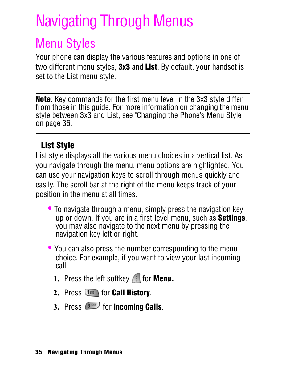 Navigating through menus, Menu styles | Samsung SPH A740 User Manual | Page 44 / 150