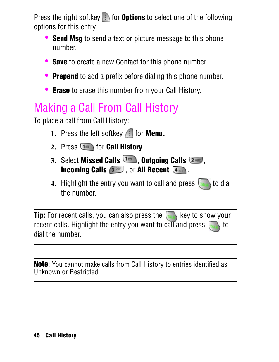 Making a call from call history | Samsung SPH A740 User Manual | Page 54 / 150