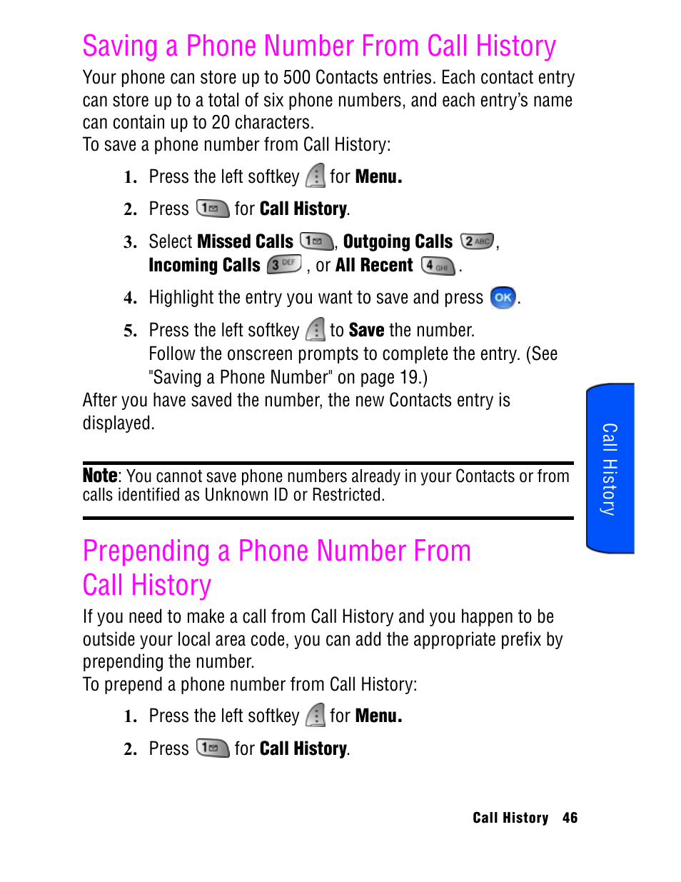 Saving a phone number from call history, Prepending a phone number from call history | Samsung SPH A740 User Manual | Page 55 / 150