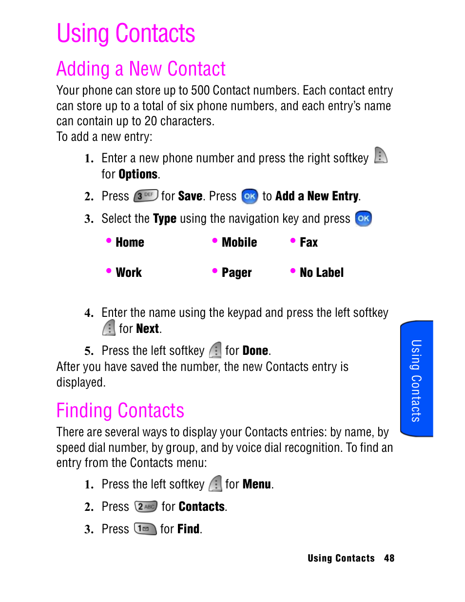 Using contacts, Adding a new contact, Finding contacts | Samsung SPH A740 User Manual | Page 57 / 150