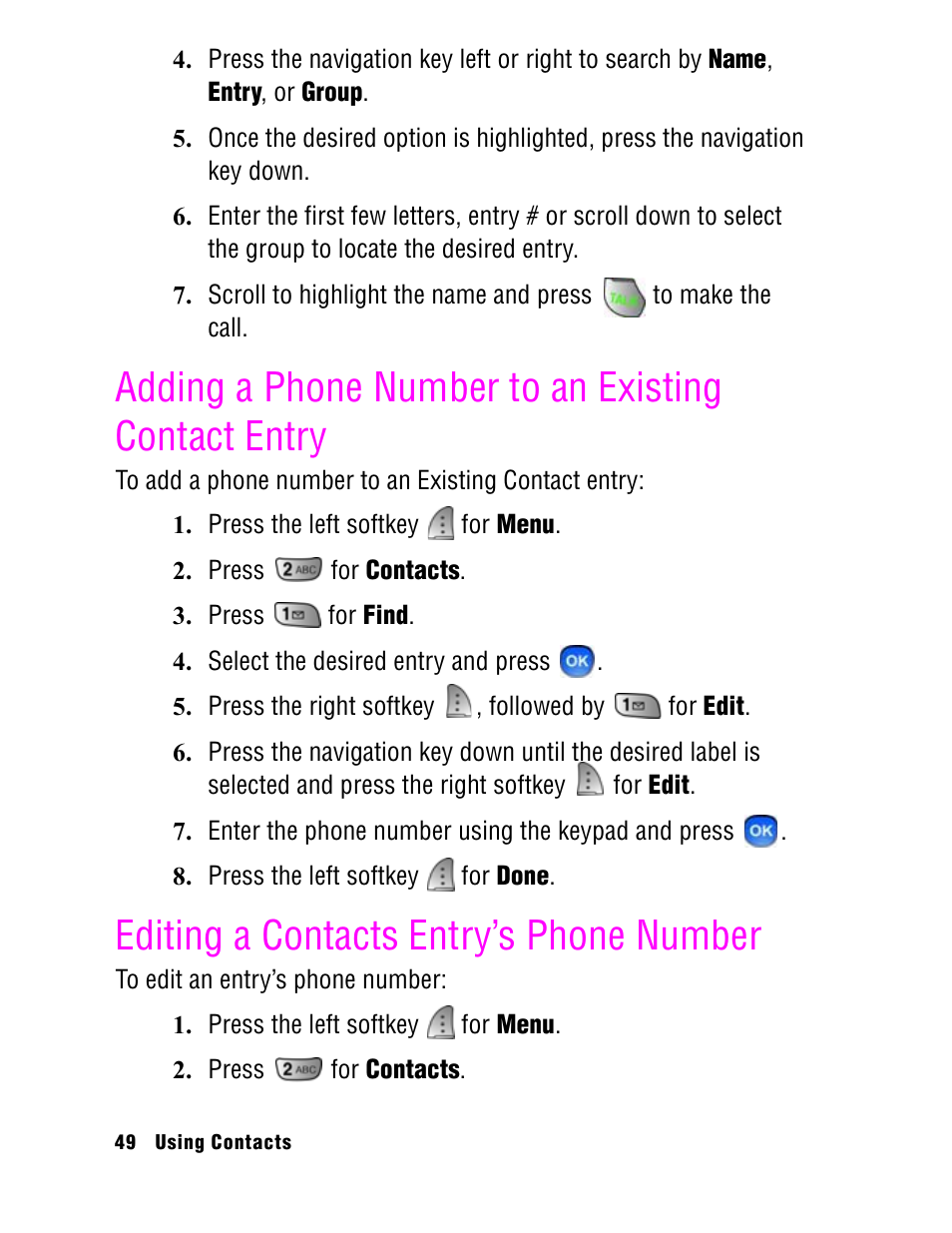 Adding a phone number to an existing contact entry, Editing a contacts entry’s phone number | Samsung SPH A740 User Manual | Page 58 / 150