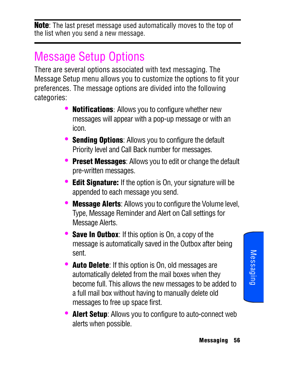 Message setup options | Samsung SPH A740 User Manual | Page 65 / 150