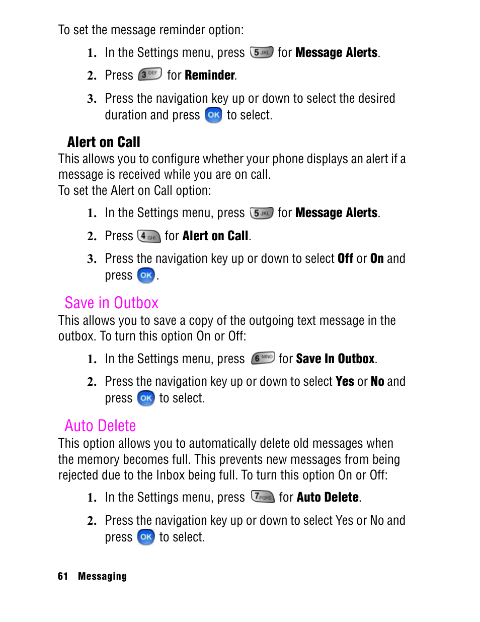 Save in outbox, Auto delete | Samsung SPH A740 User Manual | Page 70 / 150
