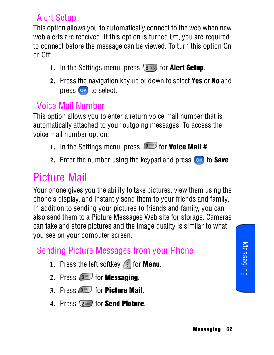 Picture mail, Alert setup, Voice mail number | Sending picture messages from your phone | Samsung SPH A740 User Manual | Page 71 / 150