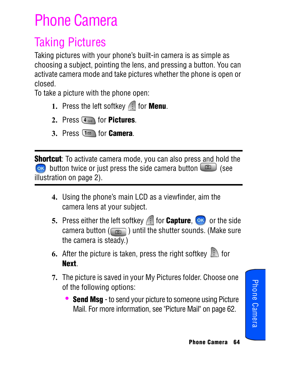 Phone camera, Taking pictures | Samsung SPH A740 User Manual | Page 73 / 150