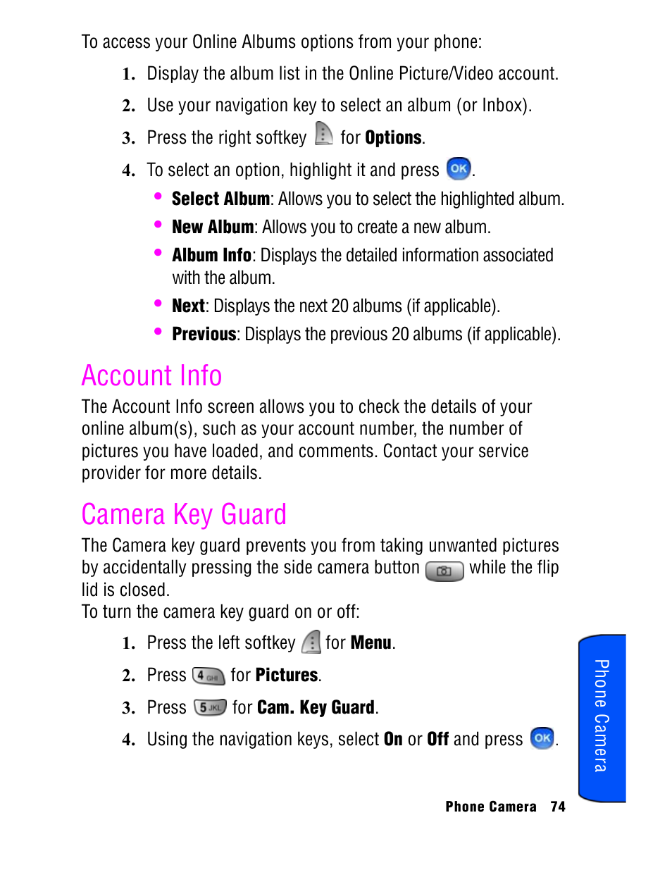 Account info, Camera key guard | Samsung SPH A740 User Manual | Page 83 / 150