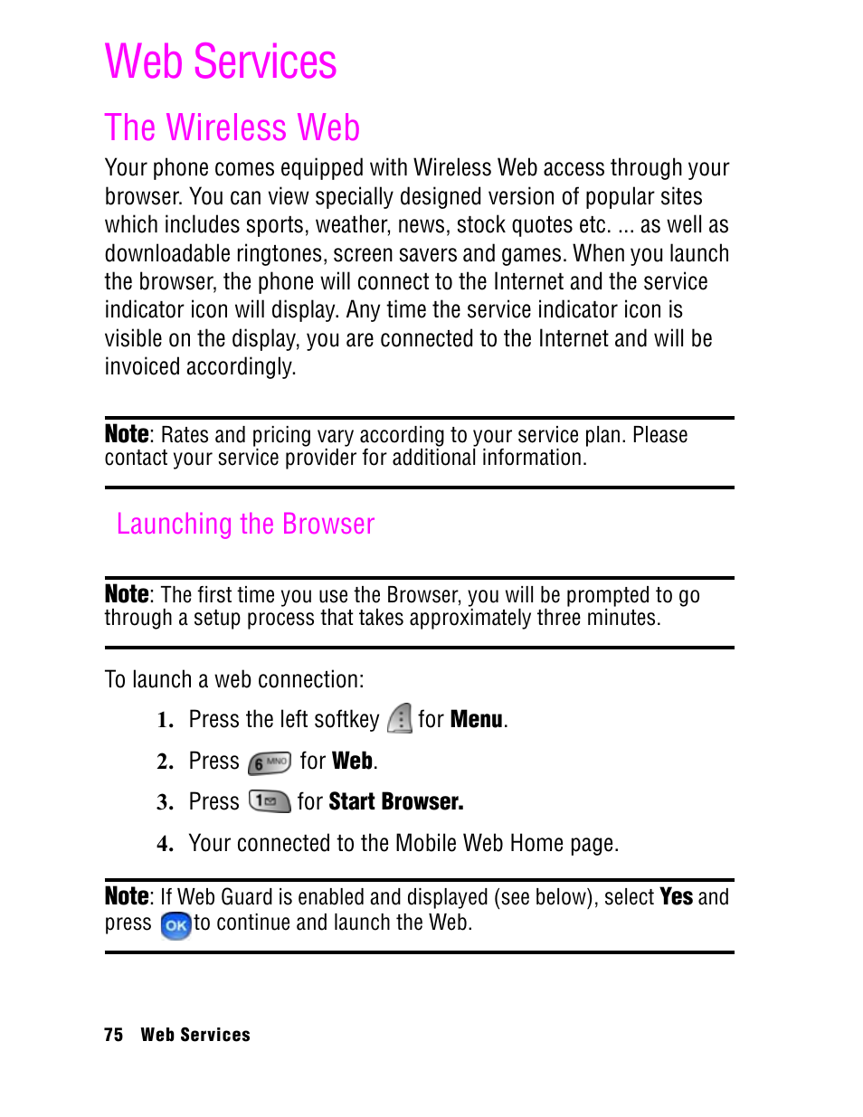 Web services, The wireless web, Launching the browser | Samsung SPH A740 User Manual | Page 84 / 150