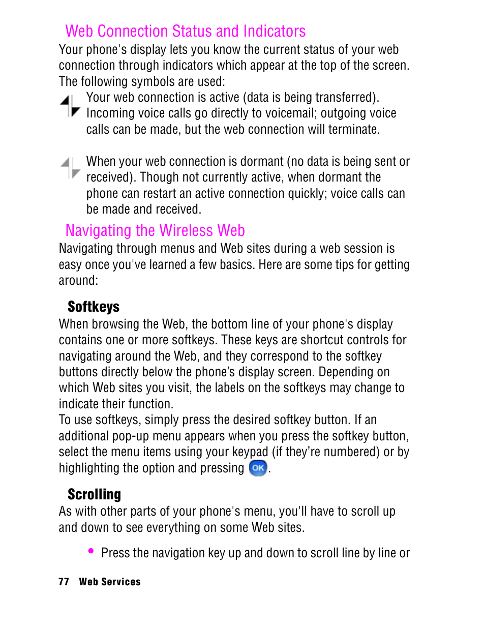 Web connection status and indicators, Navigating the wireless web | Samsung SPH A740 User Manual | Page 86 / 150